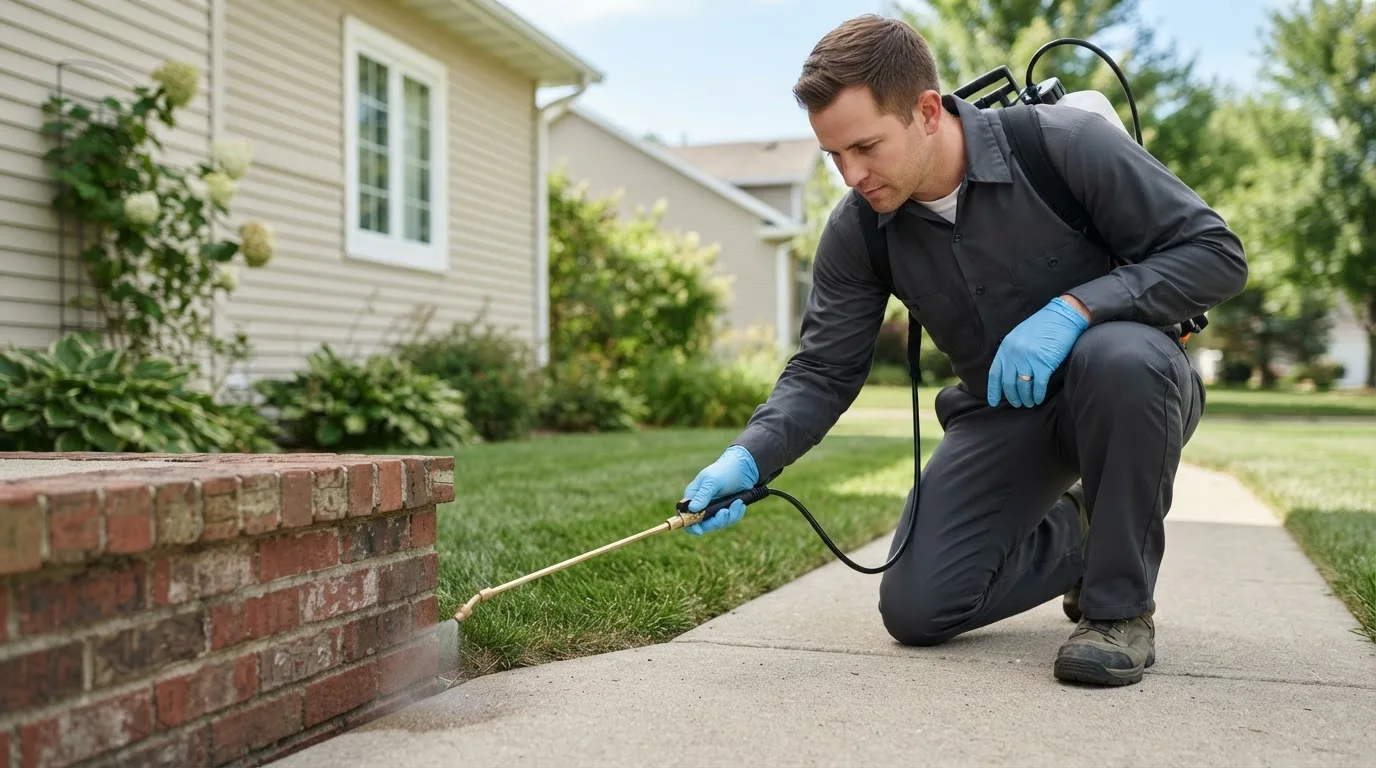 Pest control technician treating a home near Solon, OH